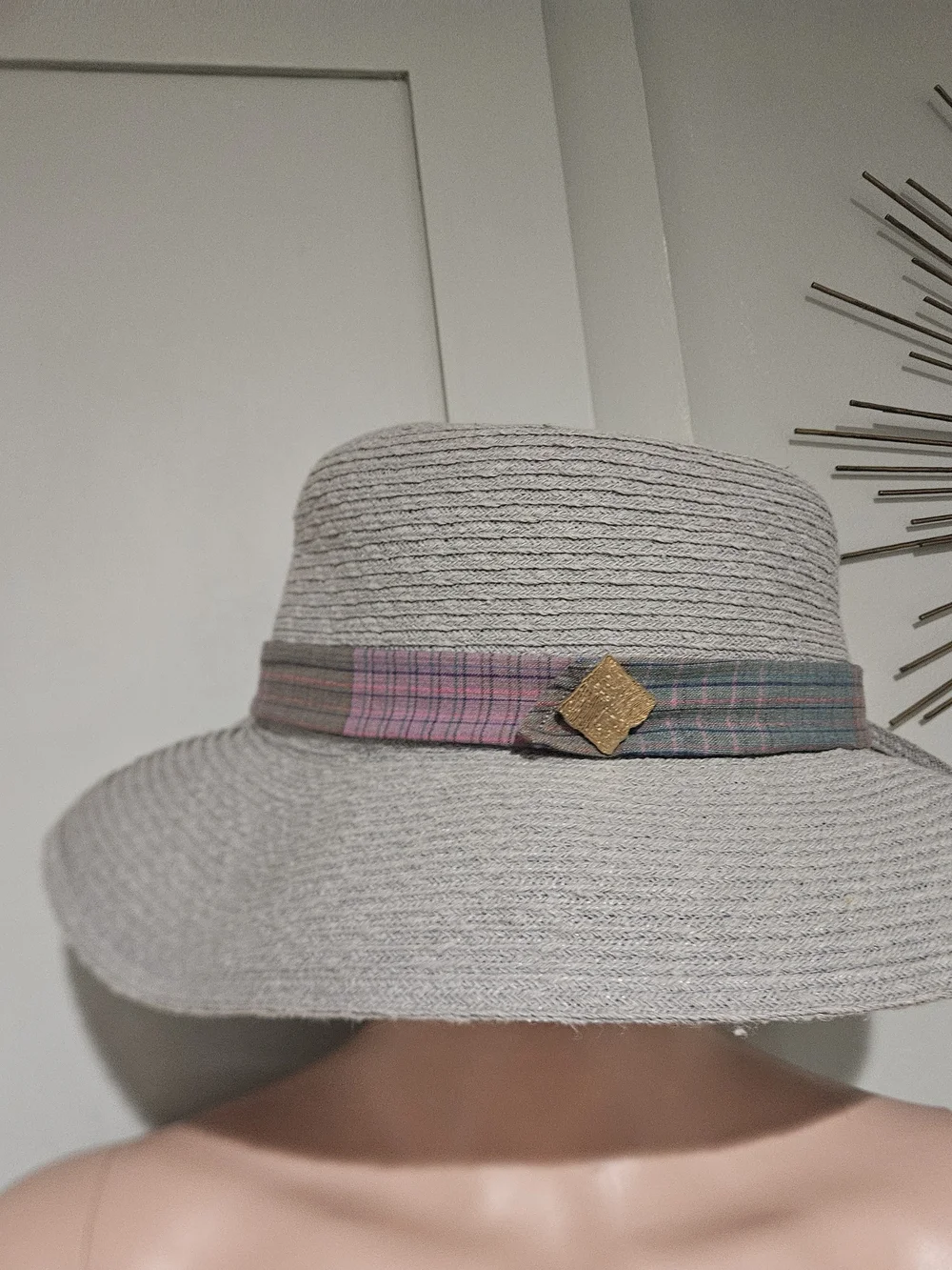 Wide Brim Hemp Blend Sun Hat Gray Plaid Band Lightweight Resort Boho - Picture 5 of 13